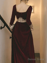 A-Line Elegant Vintage Wedding Guest Formal Evening ValentineS Day Dress Scoop Neck Long Sleeve Floor Length Velvet With Appliques