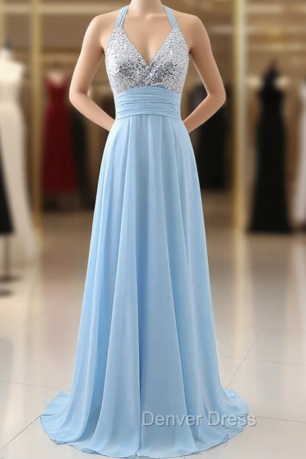 A Line Prom Dresses Sexy Sleeveless Deep V Neck Open Back Sweep Main image