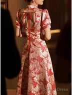 A Line Prom Gowns Chinese Style Dresses Engagement Floor Length Half Sleeve Stand Collar Satin With Pearls Strappy
