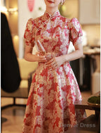 A Line Prom Gowns Chinese Style Dresses Engagement Floor Length Half Sleeve Stand Collar Satin With Pearls Strappy