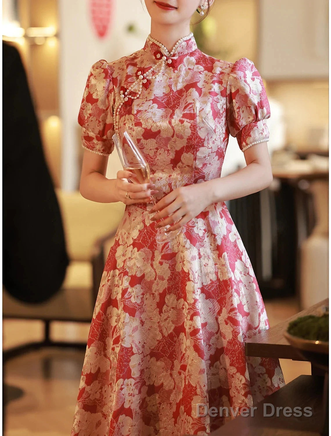 A Line Prom Gowns Chinese Style Dresses Engagement Floor Length Half Sleeve Stand Collar Satin With Pearls Strappy