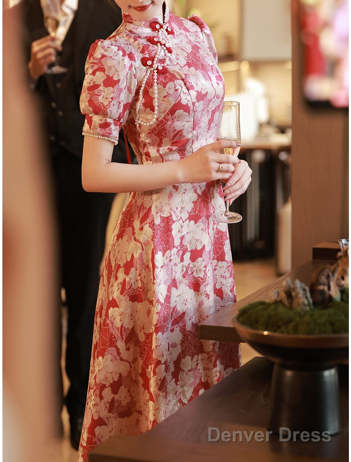 A Line Prom Gowns Chinese Style Dresses Engagement Floor Length Half Sleeve Stand Collar Satin With Pearls Strappy