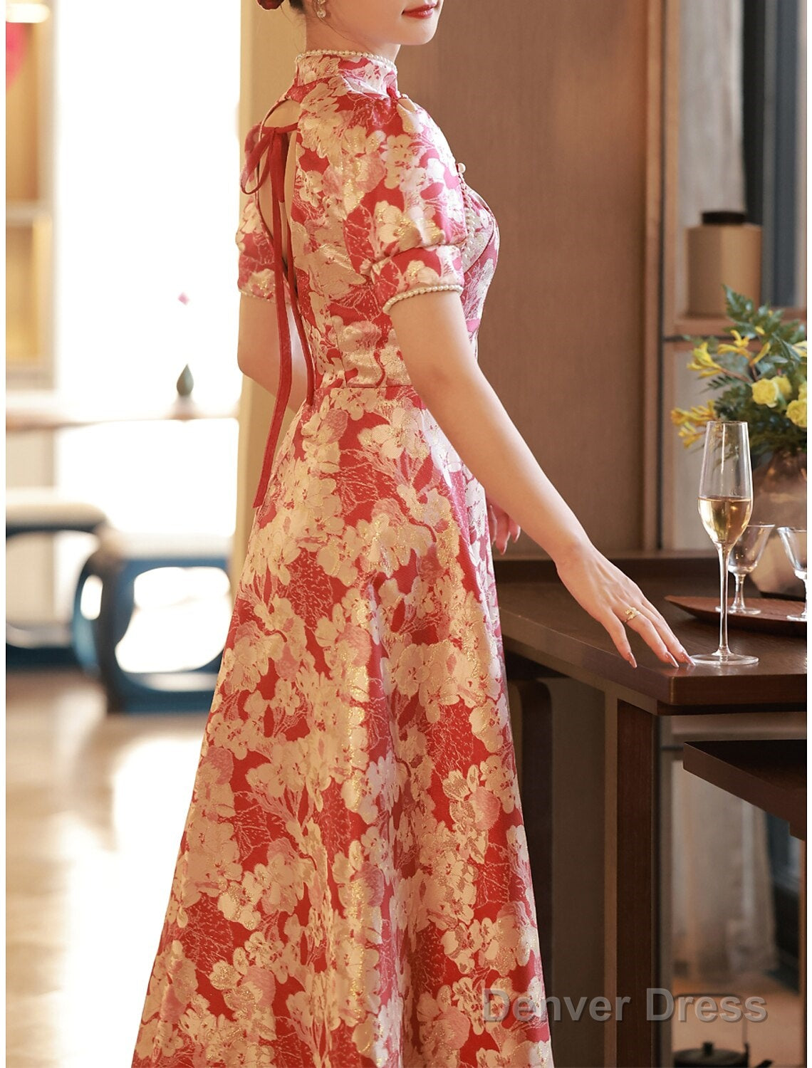 A Line Prom Gowns Chinese Style Dresses Engagement Floor Length Half Sleeve Stand Collar Satin With Pearls Strappy