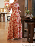 A Line Prom Gowns Chinese Style Dresses Engagement Floor Length Half Sleeve Stand Collar Satin With Pearls Strappy