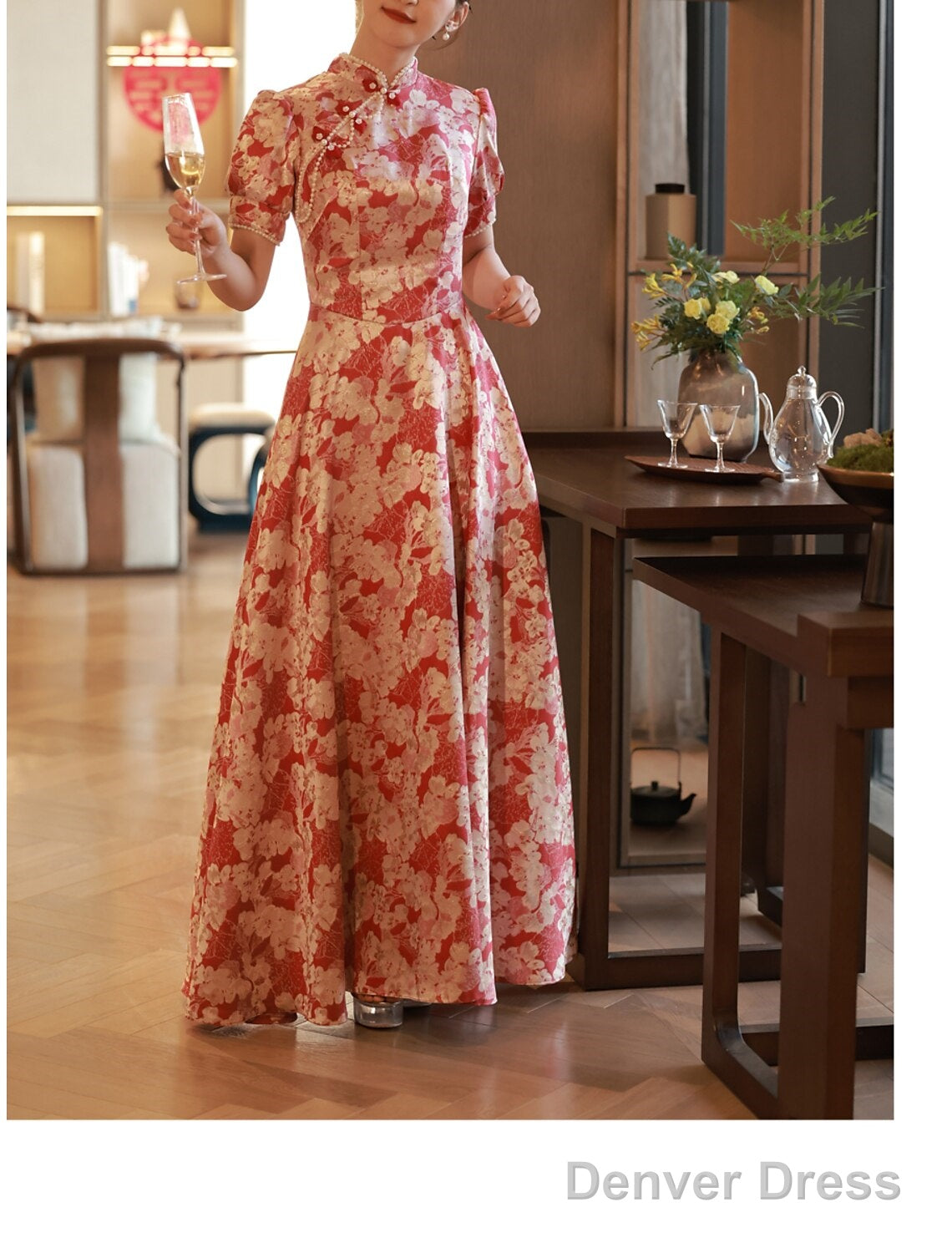 A Line Prom Gowns Chinese Style Dresses Engagement Floor Length Half Sleeve Stand Collar Satin With Pearls Strappy