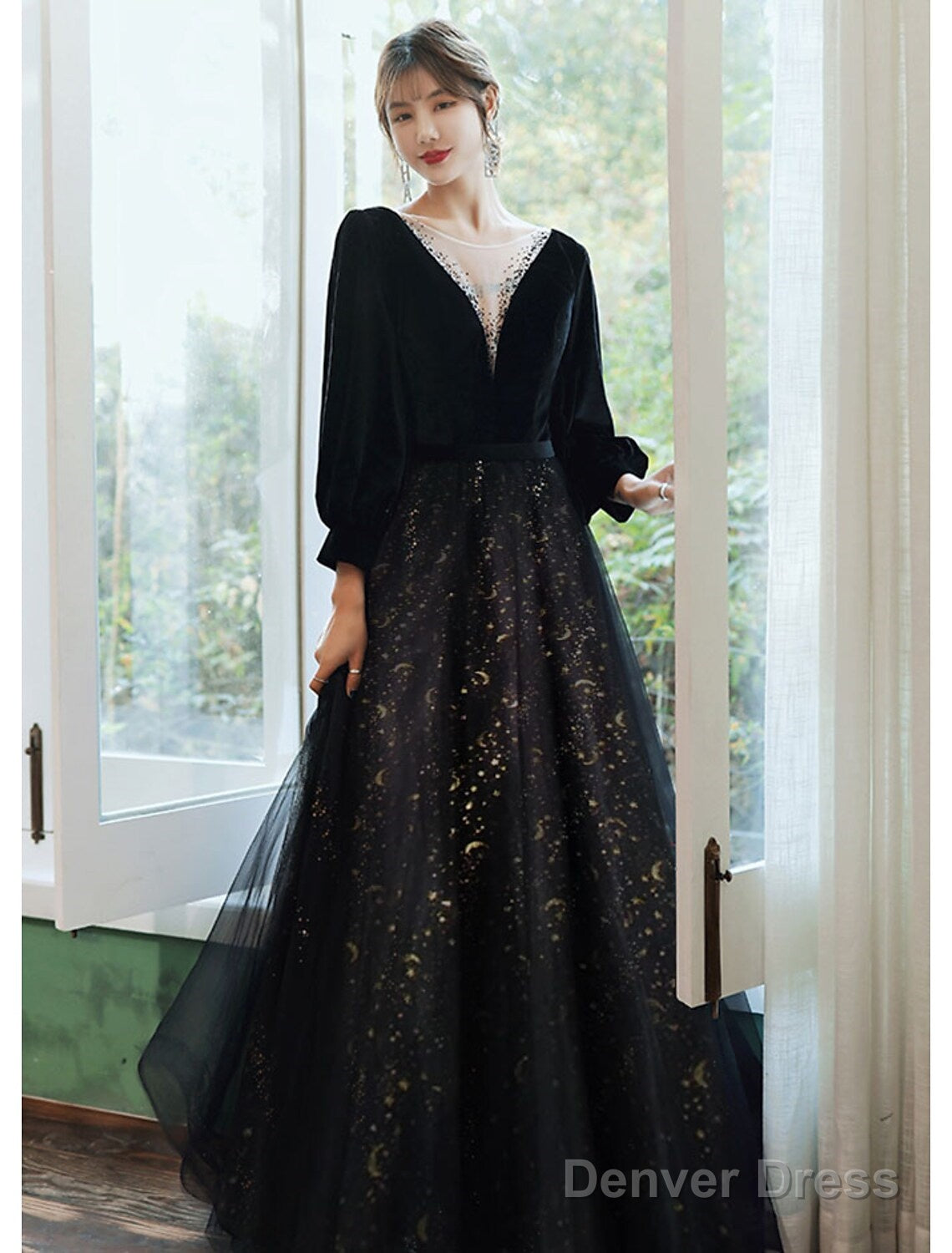 A-Line Evening Gown Dress Wedding Floor Length Long Sleeve V Neck Satin With Crystals Sequin Secondary image
