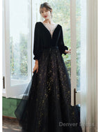 A-Line Evening Gown Dress Wedding Floor Length Long Sleeve V Neck Satin With Crystals Sequin