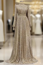 A Line Prom Gowns Elegant Dress Red Green Dresses Black Tie Floor Length Long Sleeve Jewel Neck Fall Wedding Guest Sequined With Ruched