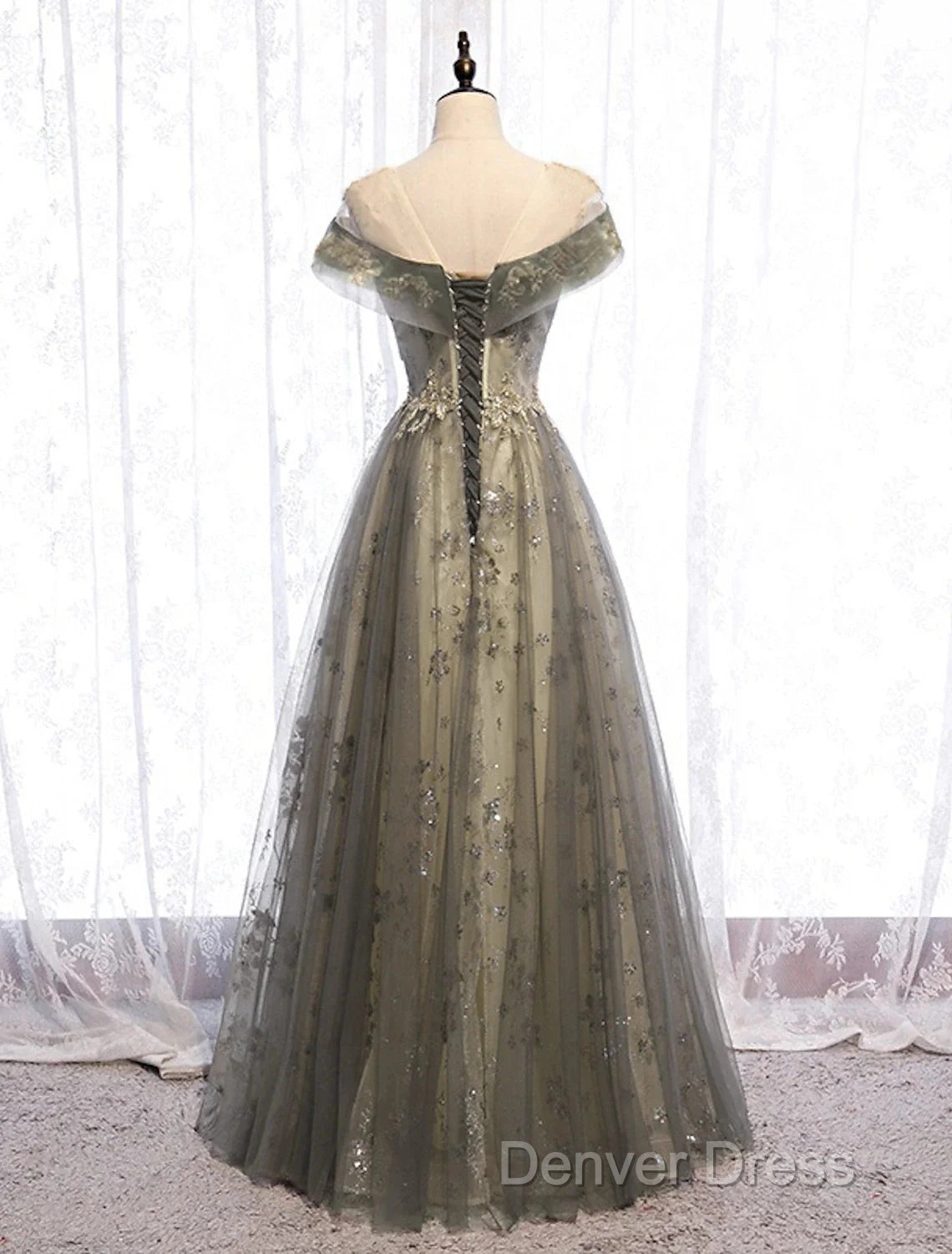 A-Line Evening Gown Elegant Dresses Wedding Guest Engagement Floor Length Short Sleeve Illusion Neck Tulle With Pleats Secondary image