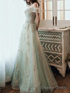 A-Line Evening Gown Elegant Dress Wedding Guest Engagement Floor Length Short Sleeve Off Shoulder Tulle With Sequin