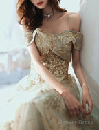 A Line Prom Gowns Elegant Dresses Wedding Guest Engagement Floor Length Short Sleeve Off Shoulder Tulle With Sequin