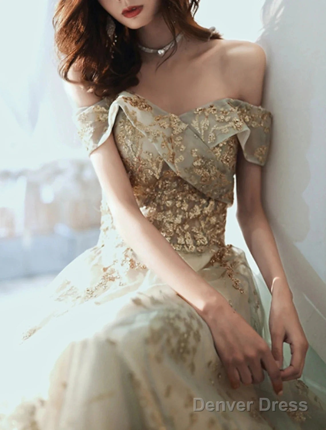 A Line Prom Gowns Elegant Dresses Wedding Guest Engagement Floor Length Short Sleeve Off Shoulder Tulle With Sequin