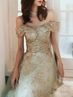 A Line Prom Gowns Elegant Dresses Wedding Guest Engagement Floor Length Short Sleeve Off Shoulder Tulle With Sequin