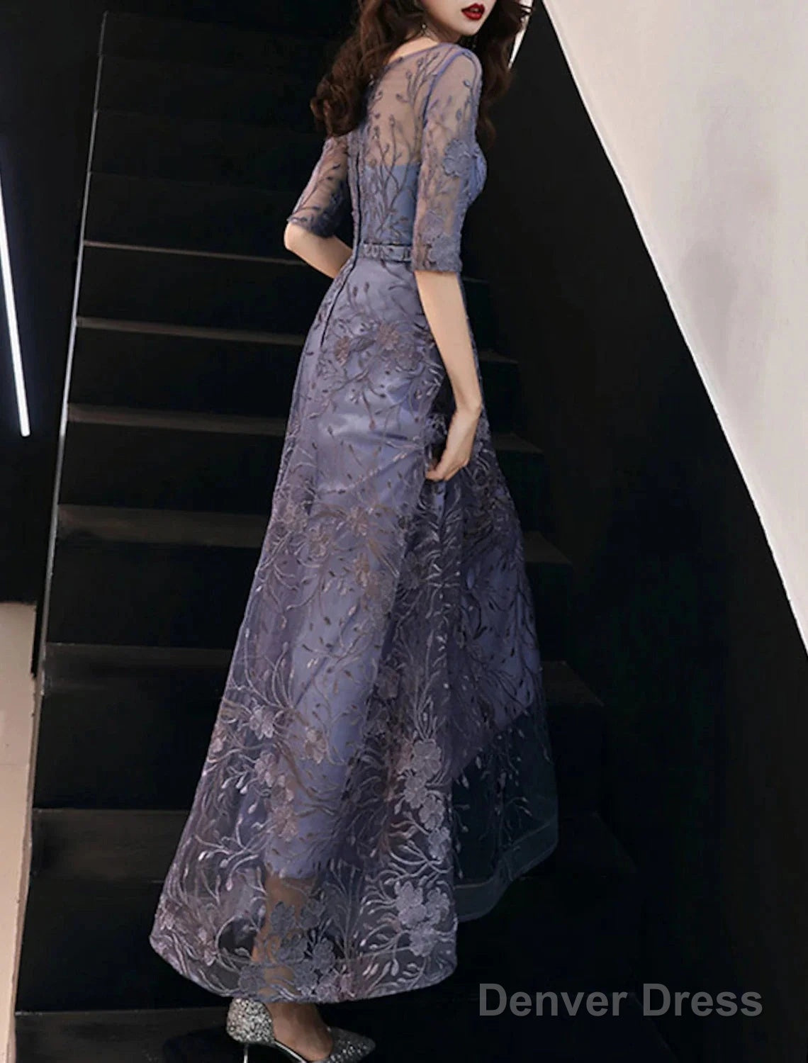 A Line Prom Gowns Elegant Dresses Wedding Guest Prom Floor Length Half Sleeve Jewel Neck Tulle With Embroidery Pattern Print Secondary image