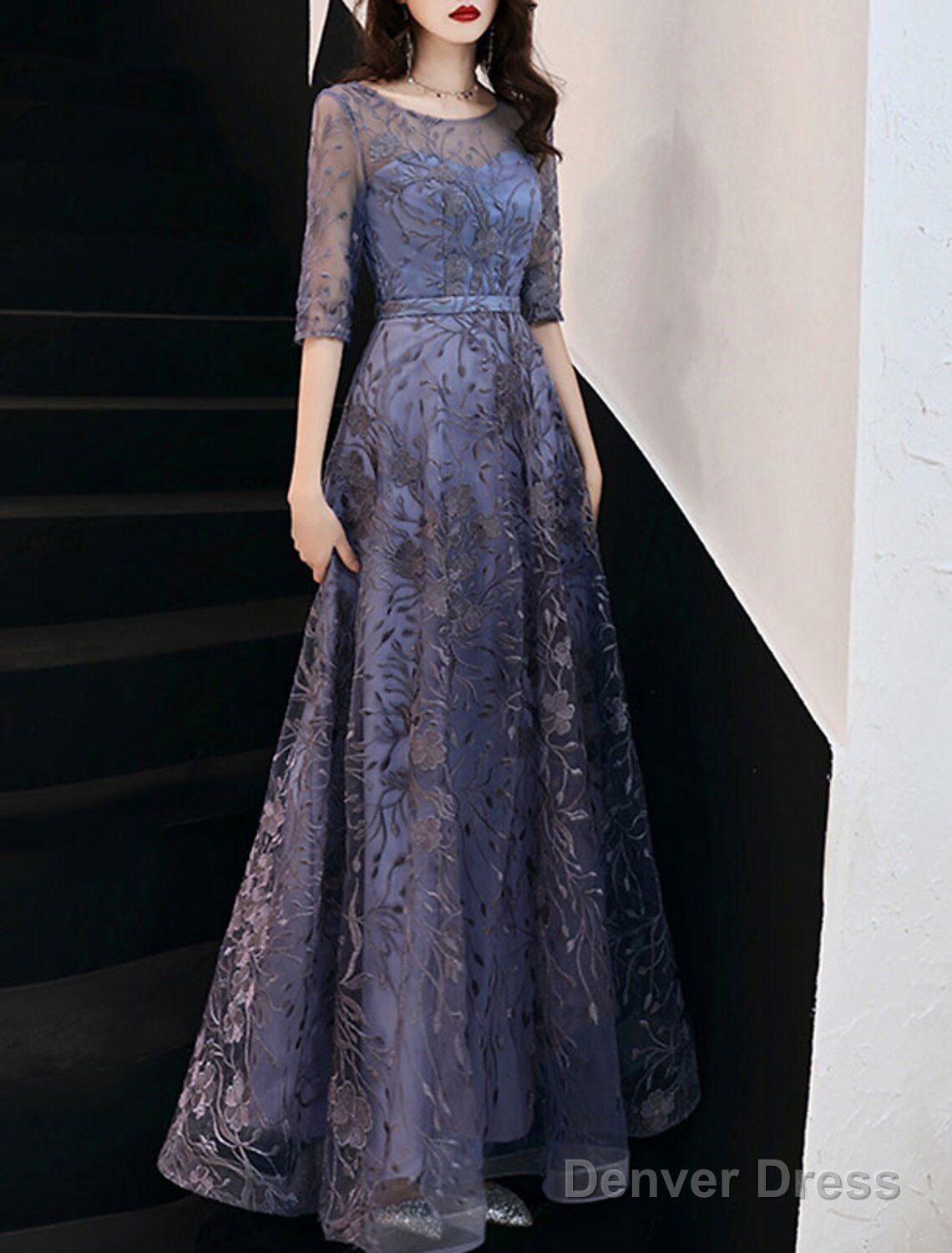 A Line Prom Gowns Elegant Dresses Wedding Guest Prom Floor Length Half Sleeve Jewel Neck Tulle With Embroidery Pattern Print Main image