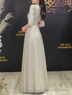 A-Line Evening Gown Elegant Dress Wedding Guest Prom Floor Length Half Sleeve V Neck Sequined With Glitter Fringe Tassel