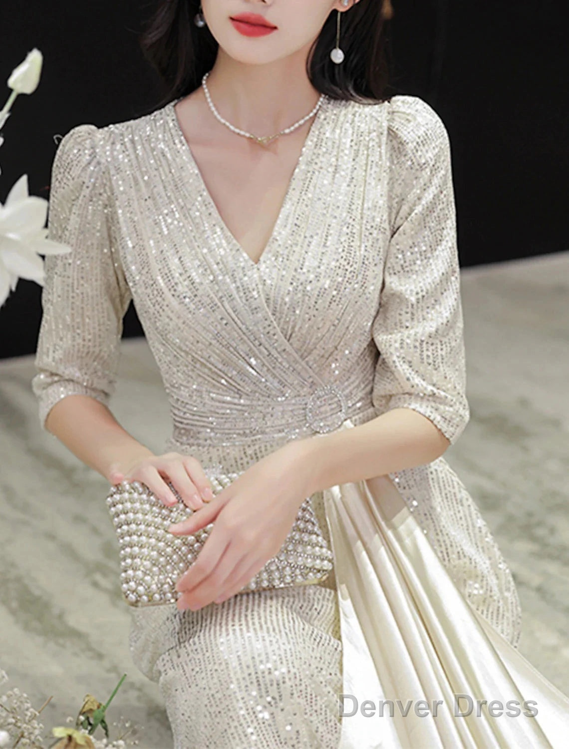 A-Line Evening Gown Elegant Dress Wedding Guest Prom Floor Length Half Sleeve V Neck Sequined With Glitter Fringe Tassel