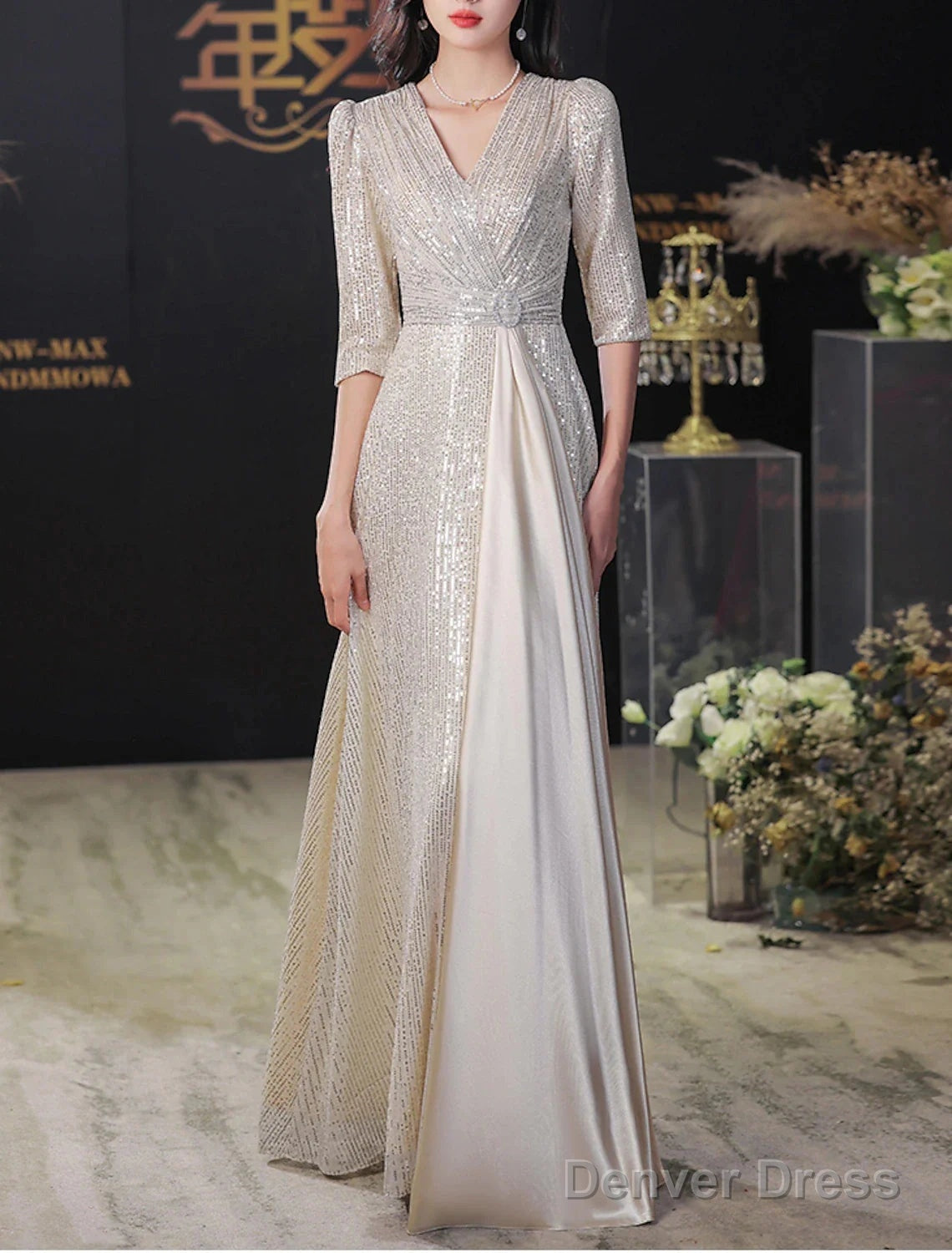 A-Line Evening Gown Elegant Dress Wedding Guest Prom Floor Length Half Sleeve V Neck Sequined With Glitter Fringe Tassel Main image