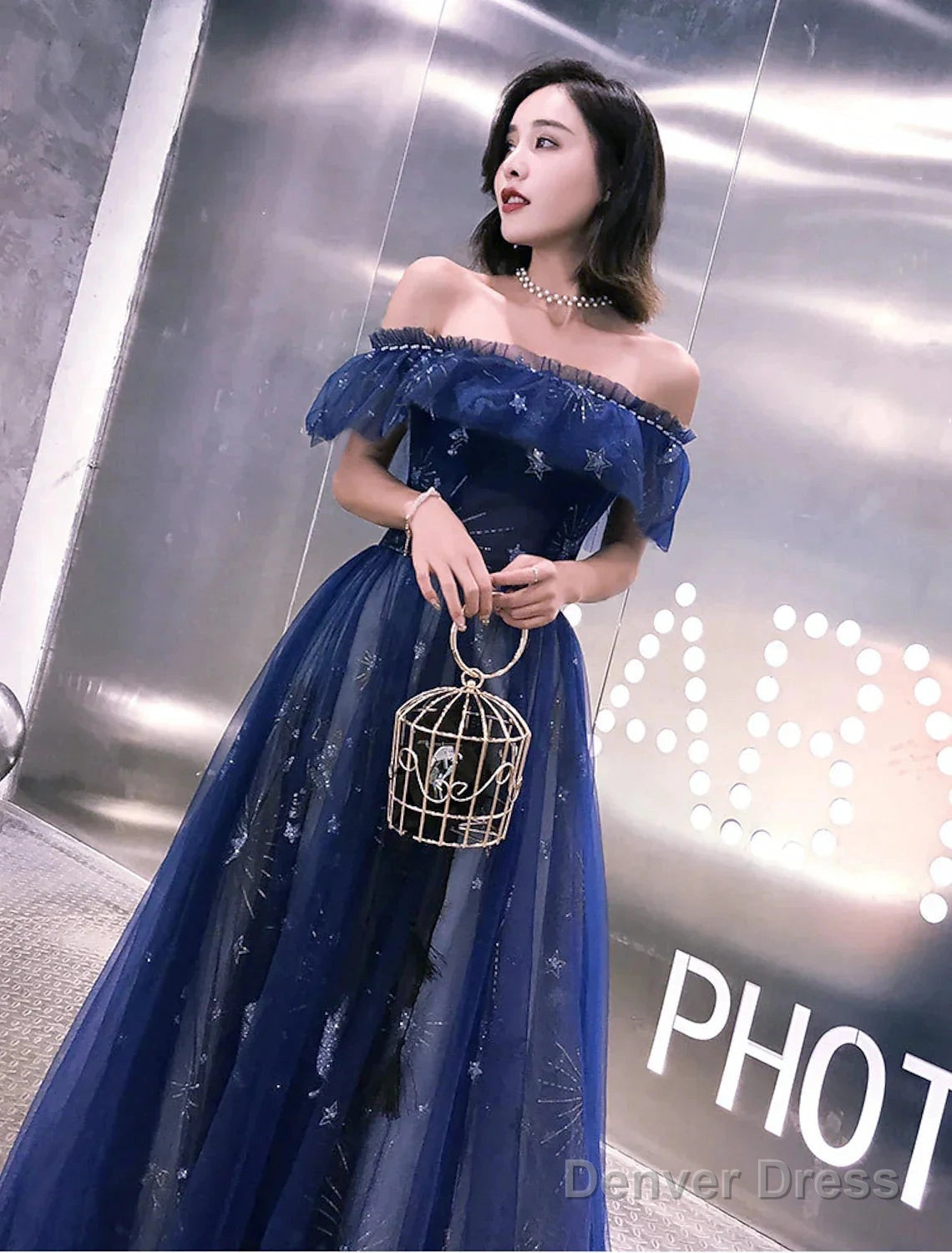 A-Line Fairy Prom Dress Sparkle Party Dress Off Shoulder Short Sleeve Floor Length Tulle With Sequins Embroidery Main image