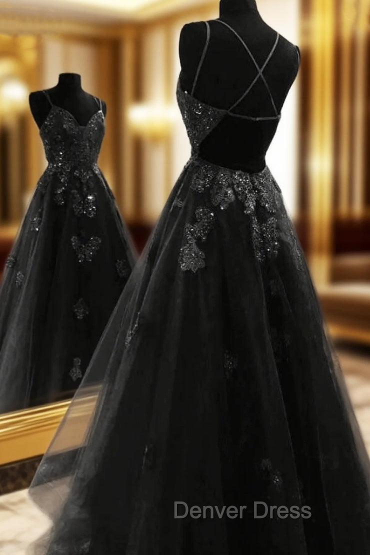 A Line Floor Length Black Tulle Lace Prom Dresses