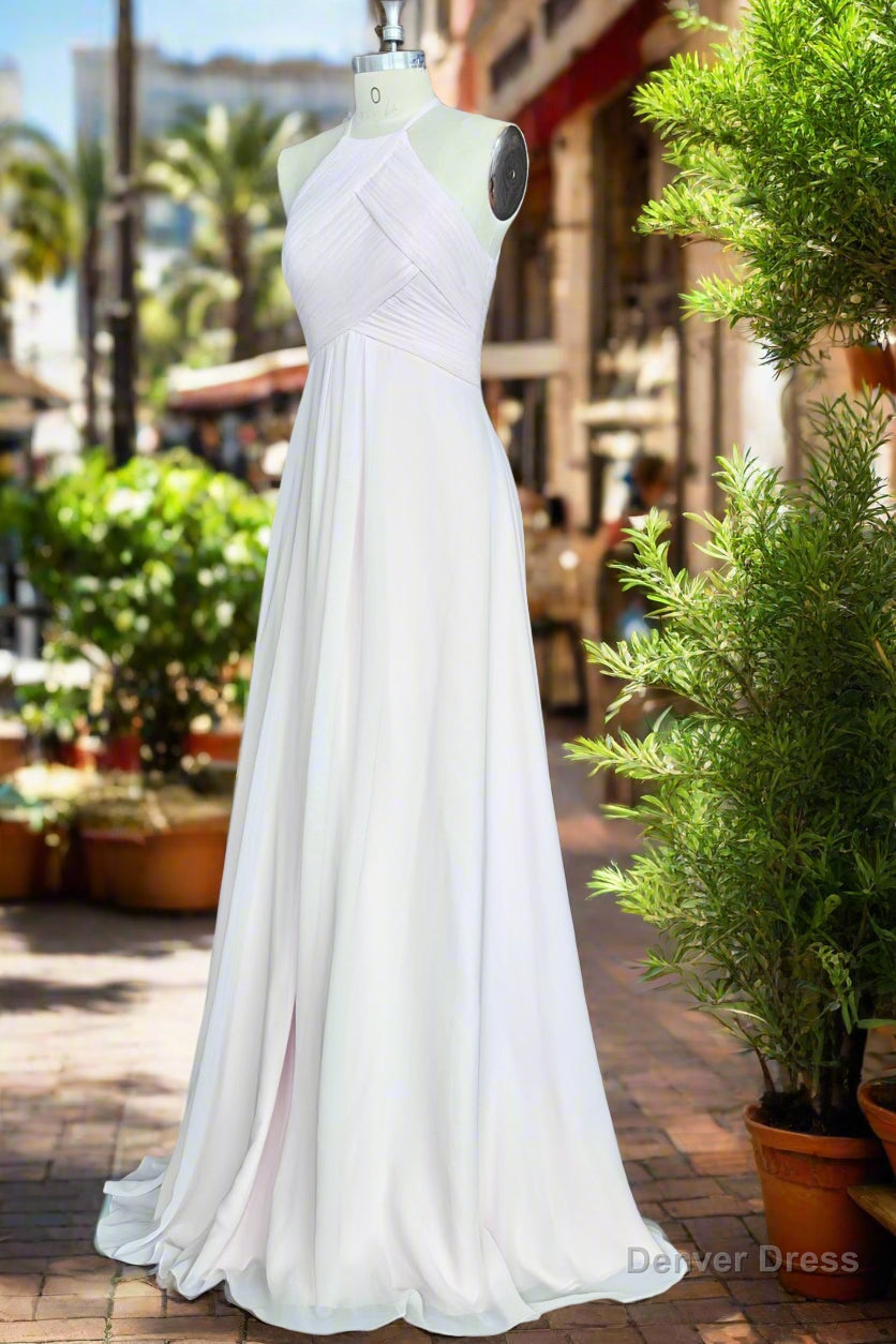 A Line Floor Length Halter Keyhole Chiffon Bridesmaid Dresses