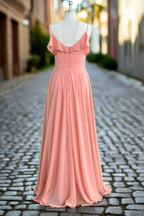 A Line Floor Length Spaghetti Straps Ruffles Long Bridesmaid Dresses