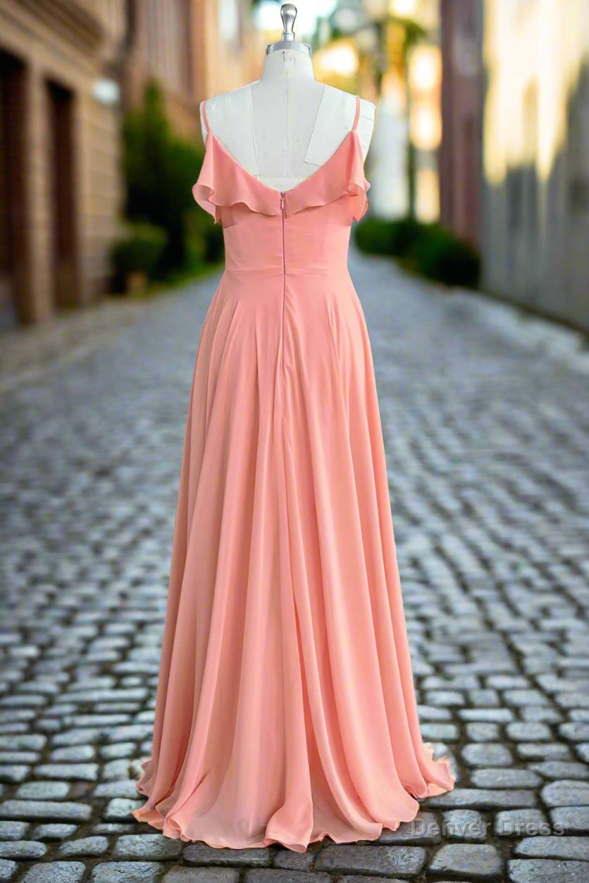 A Line Floor Length Spaghetti Straps Ruffles Long Bridesmaid Dresses