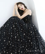 A-Line Floor-Length Star Lace Beautiful Long Black Prom Formal Dress