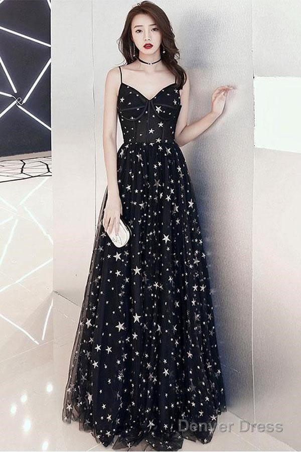 A-Line Floor-Length Star Lace Beautiful Long Black Prom Formal Dress