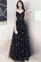 A-Line Floor-Length Star Lace Beautiful Long Black Prom Formal Dress