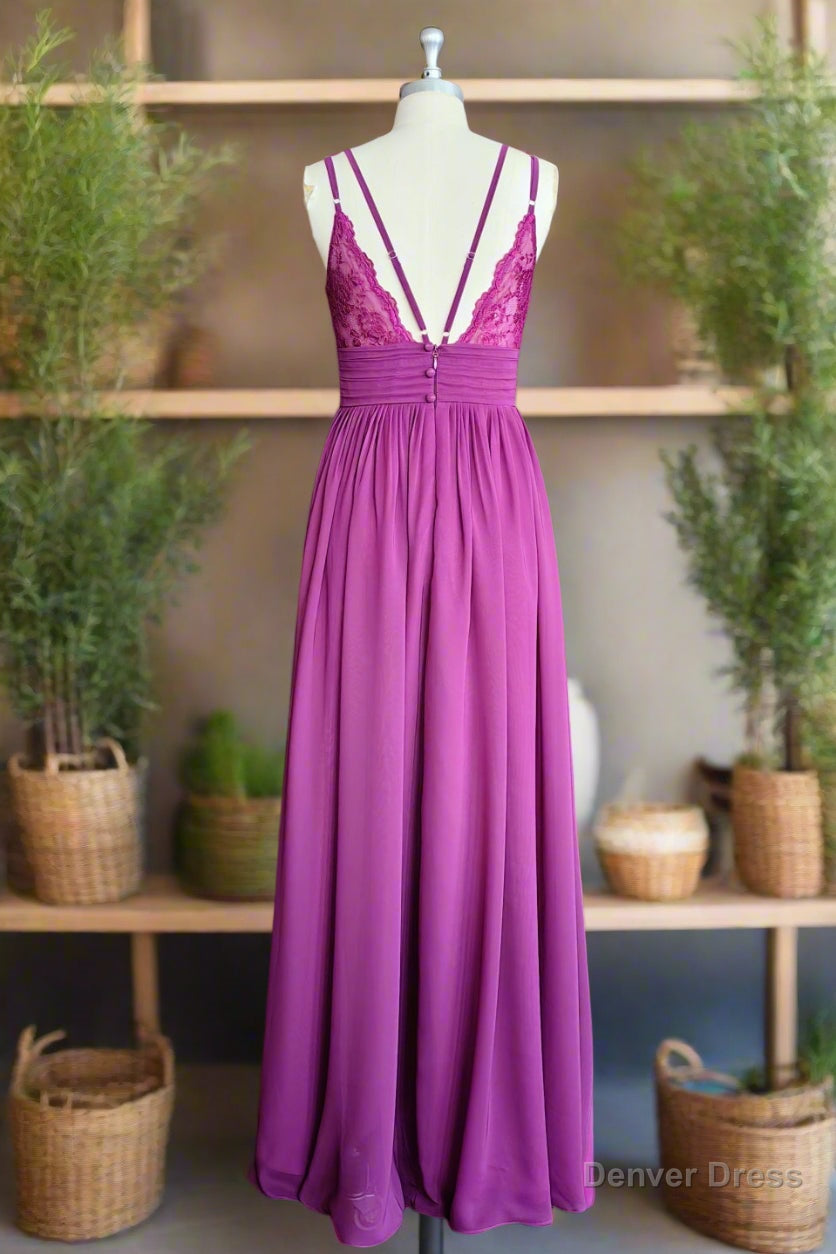 A Line Floor Length V Neck Spaghetti Straps Pleating Long Chiffon Lace Bridesmaid Dresses