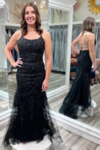 Red Floral Appliques Tulle Mermaid Long Prom Dresses