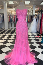 Red Floral Appliques Tulle Mermaid Long Prom Dresses