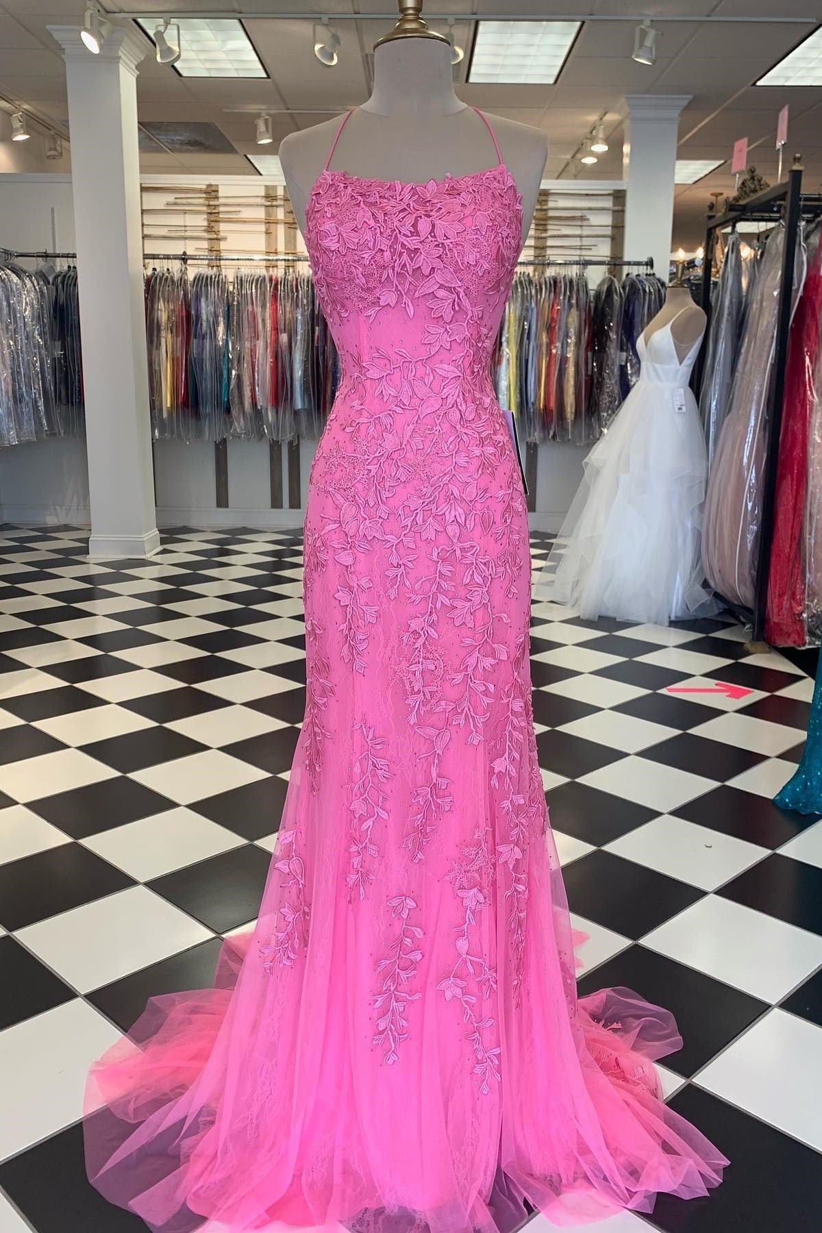 Red Floral Appliques Tulle Mermaid Long Prom Dresses