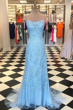 Red Floral Appliques Tulle Mermaid Long Prom Dresses