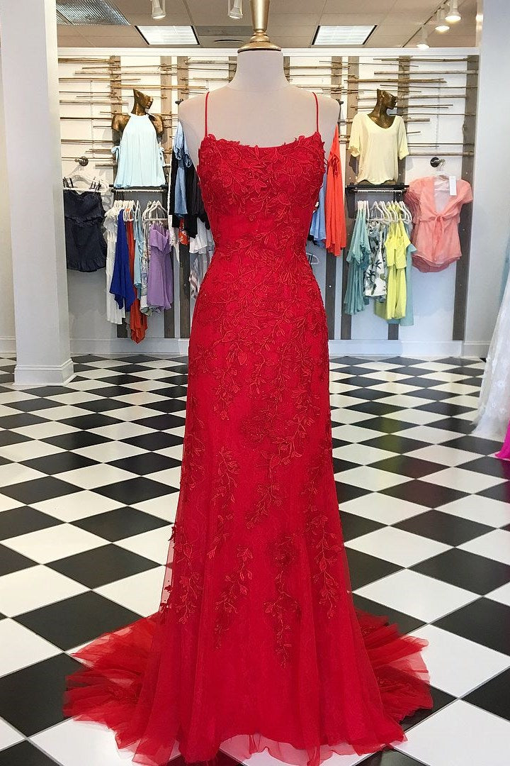 Red Floral Appliques Tulle Mermaid Long Prom Dresses Main image