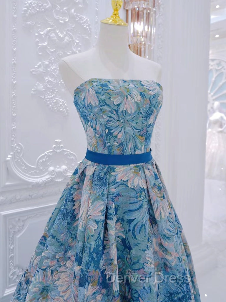 A-Line Flower Satin Blue Long Prom Dresses, Blue Long Formal Dresses Secondary image