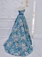 A Line Flower Satin Blue Long Prom Dress, Blue Long Prom Dresses
