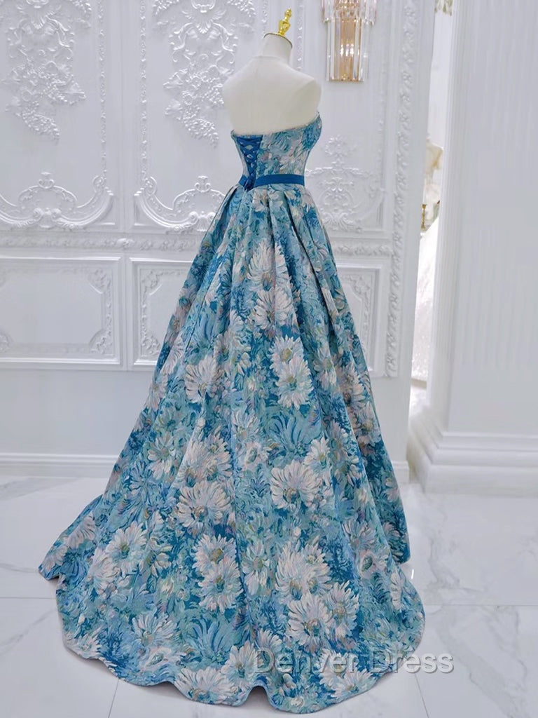 A Line Flower Satin Blue Long Prom Dress, Blue Long Prom Dresses