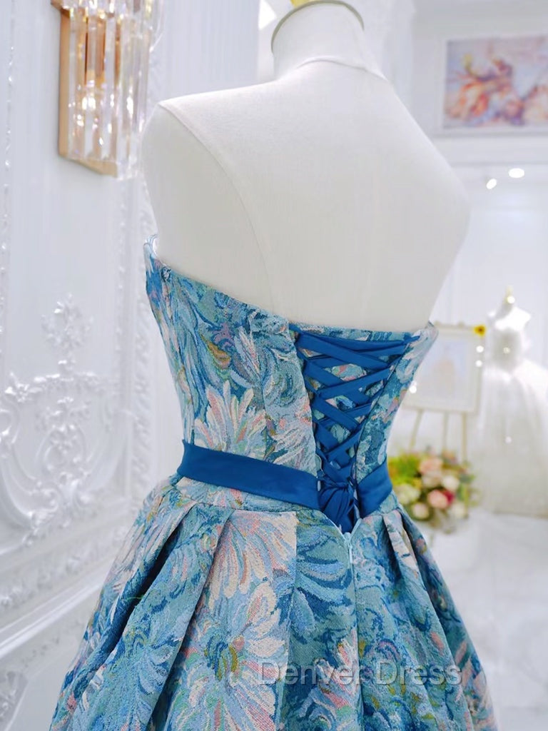 A Line Flower Satin Blue Long Prom Dress, Blue Long Prom Dresses