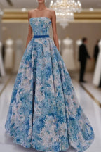A Line Flower Satin Blue Long Prom Dress, Blue Long Prom Dresses