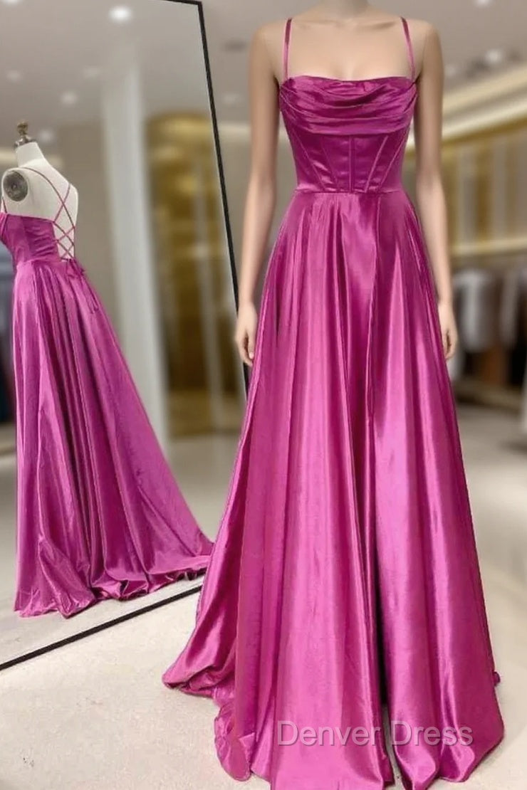 A-Line Fuchsia Prom Dress Ruched Long Prom Dresses Spaghetti Straps