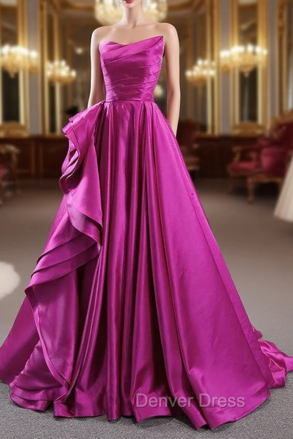 A-line Fuchsia Satin Strapless Pleats Prom Dresses Main image