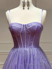 A Line Glitter Tulle Prom Dresses with Pockets