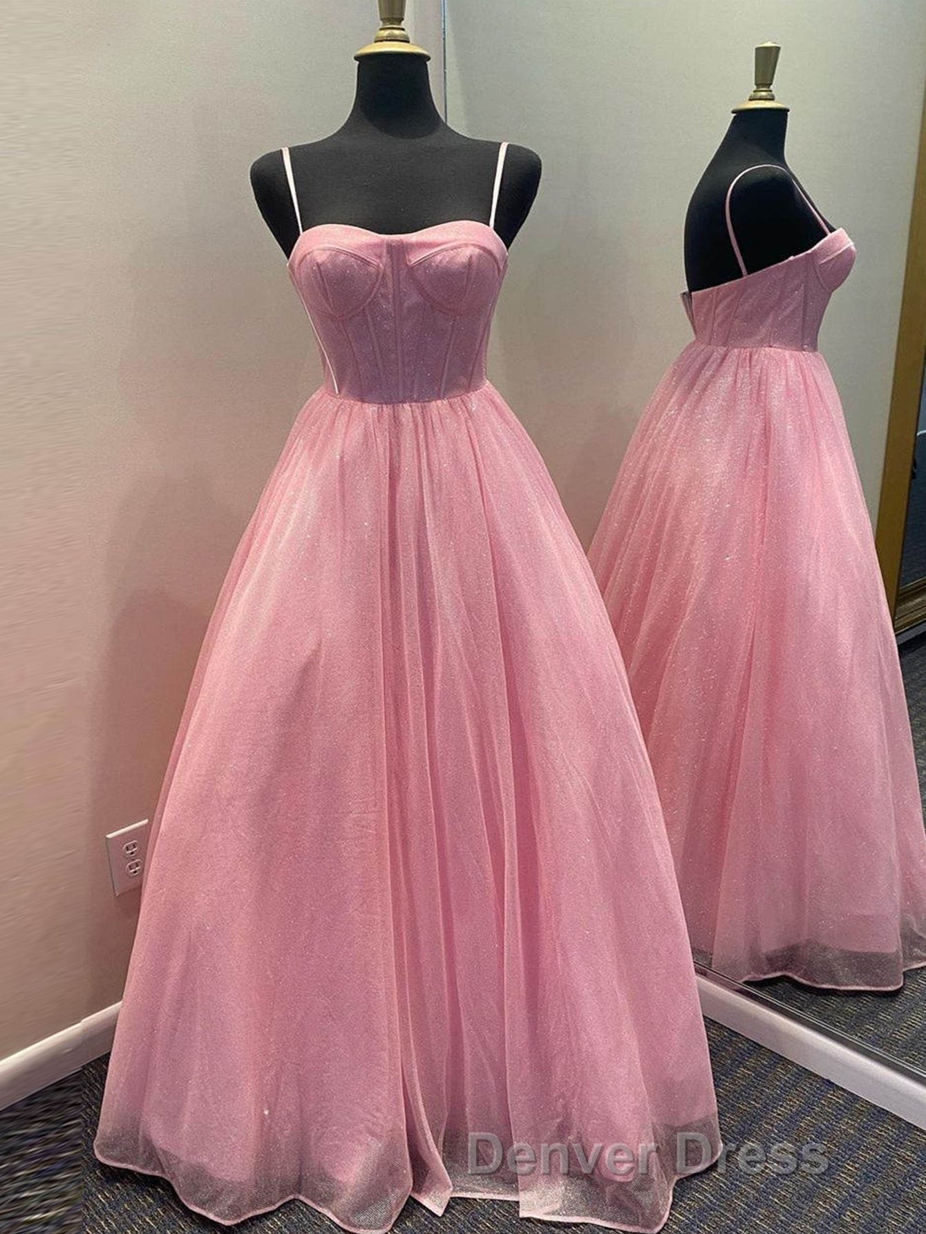 A Line Glitter Tulle Prom Dresses with Pockets