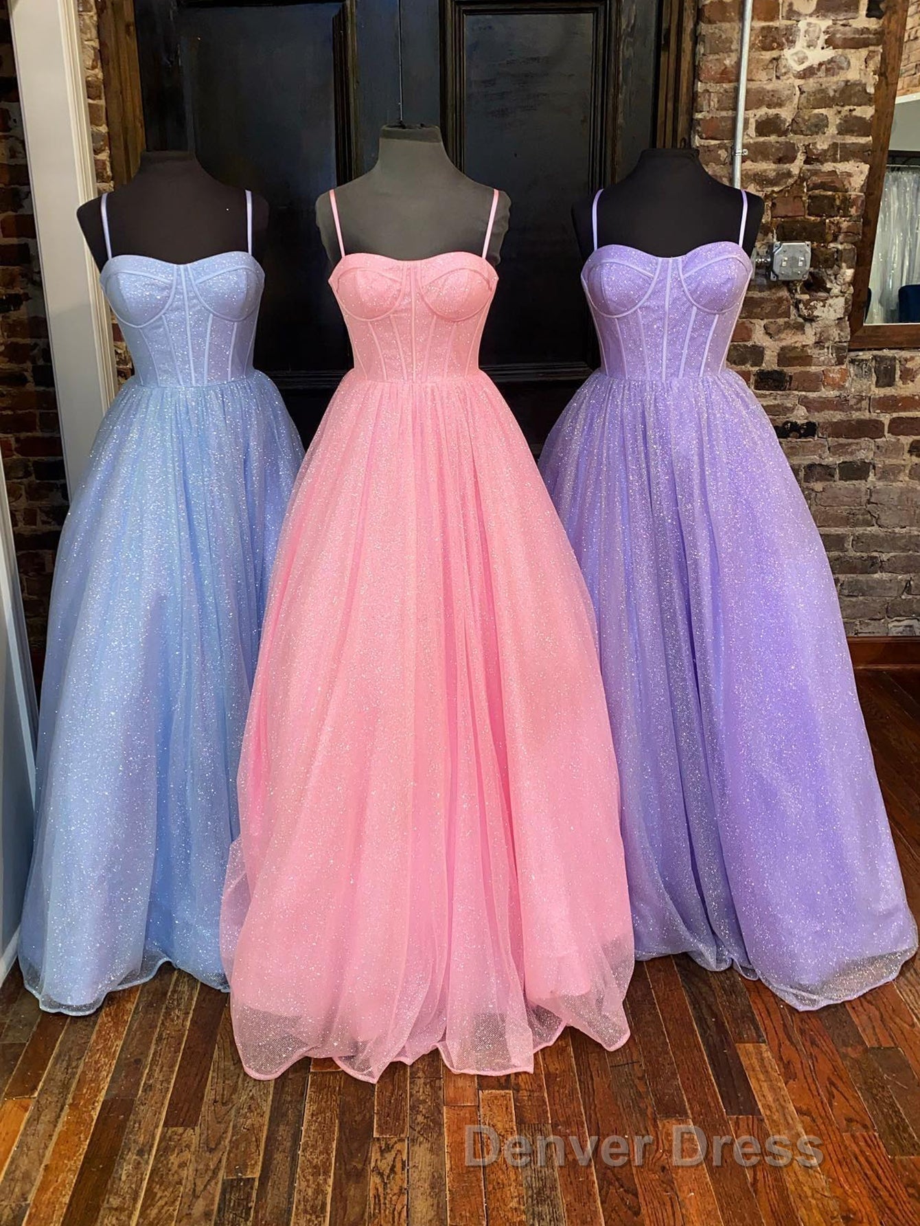 A Line Glitter Tulle Prom Dresses with Pockets