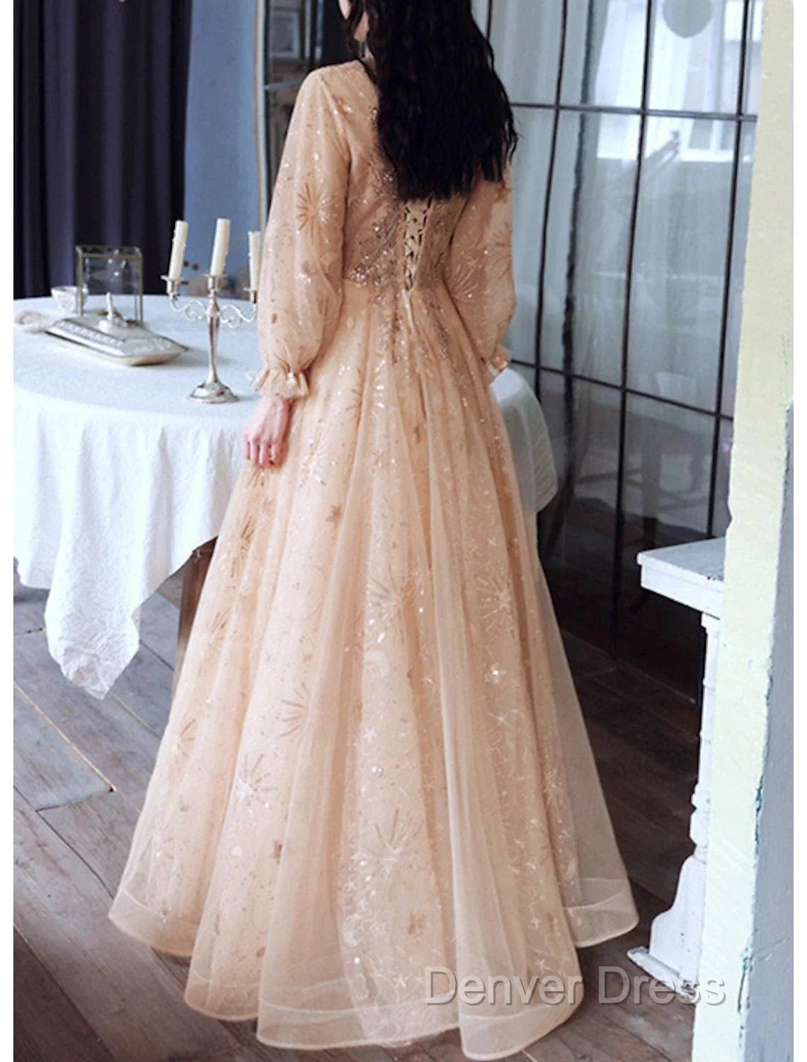 A-Line Glittering Elegant Engagement Formal Evening Dresses High Neck Long Sleeve Floor Length Tulle With Sequin Secondary image