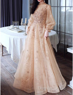 A-Line Glittering Elegant Engagement Formal Evening Dresses High Neck Long Sleeve Floor Length Tulle With Sequin