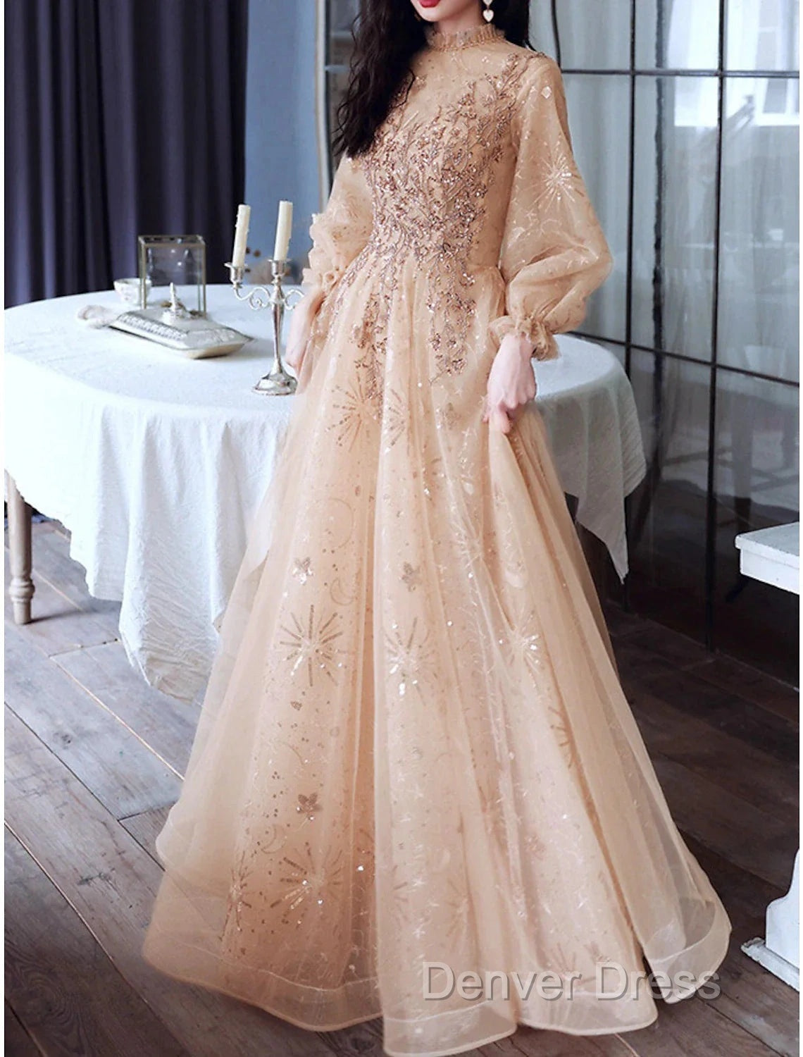 A-Line Glittering Elegant Engagement Formal Evening Dresses High Neck Long Sleeve Floor Length Tulle With Sequin
