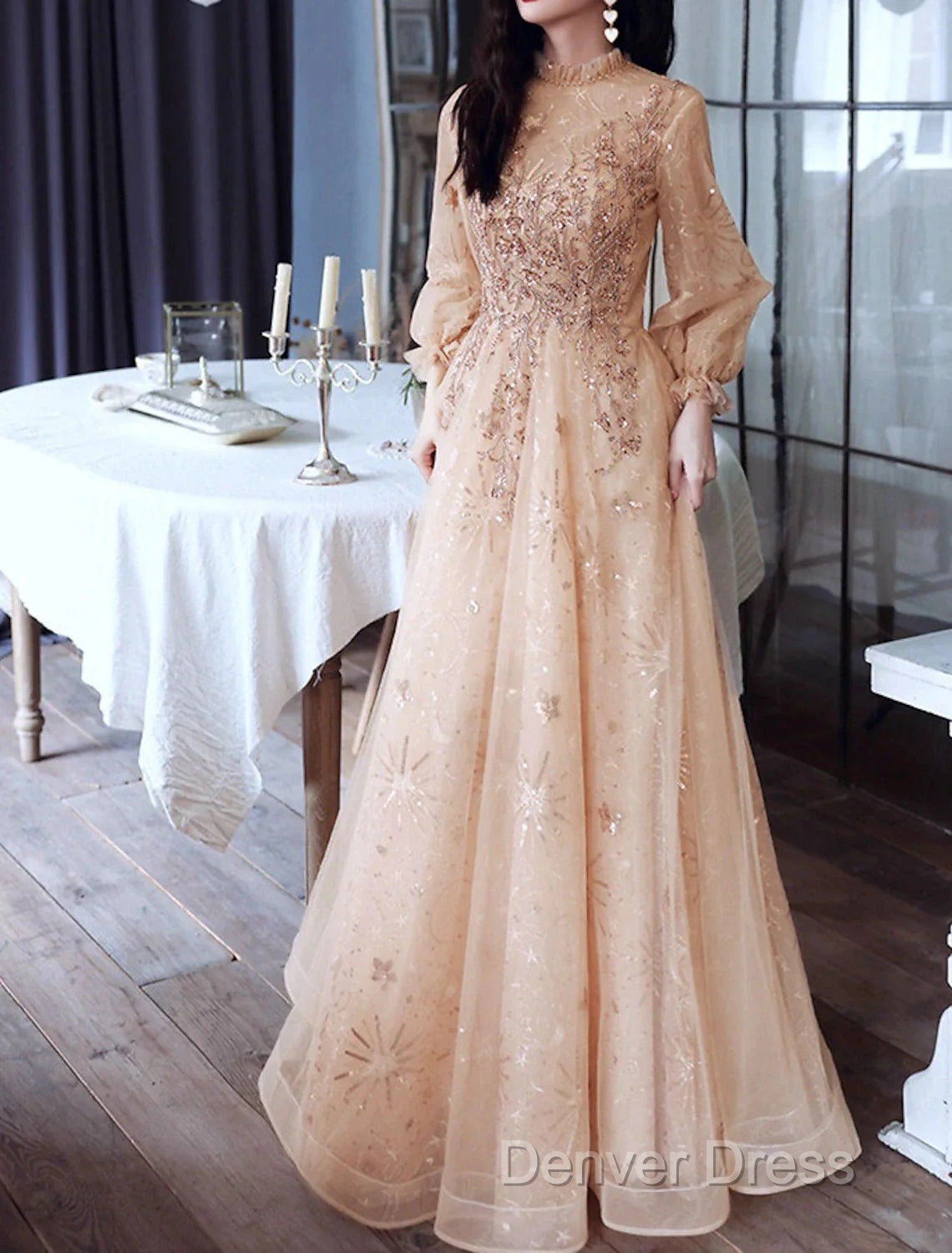 A-Line Glittering Elegant Engagement Formal Evening Dresses High Neck Long Sleeve Floor Length Tulle With Sequin